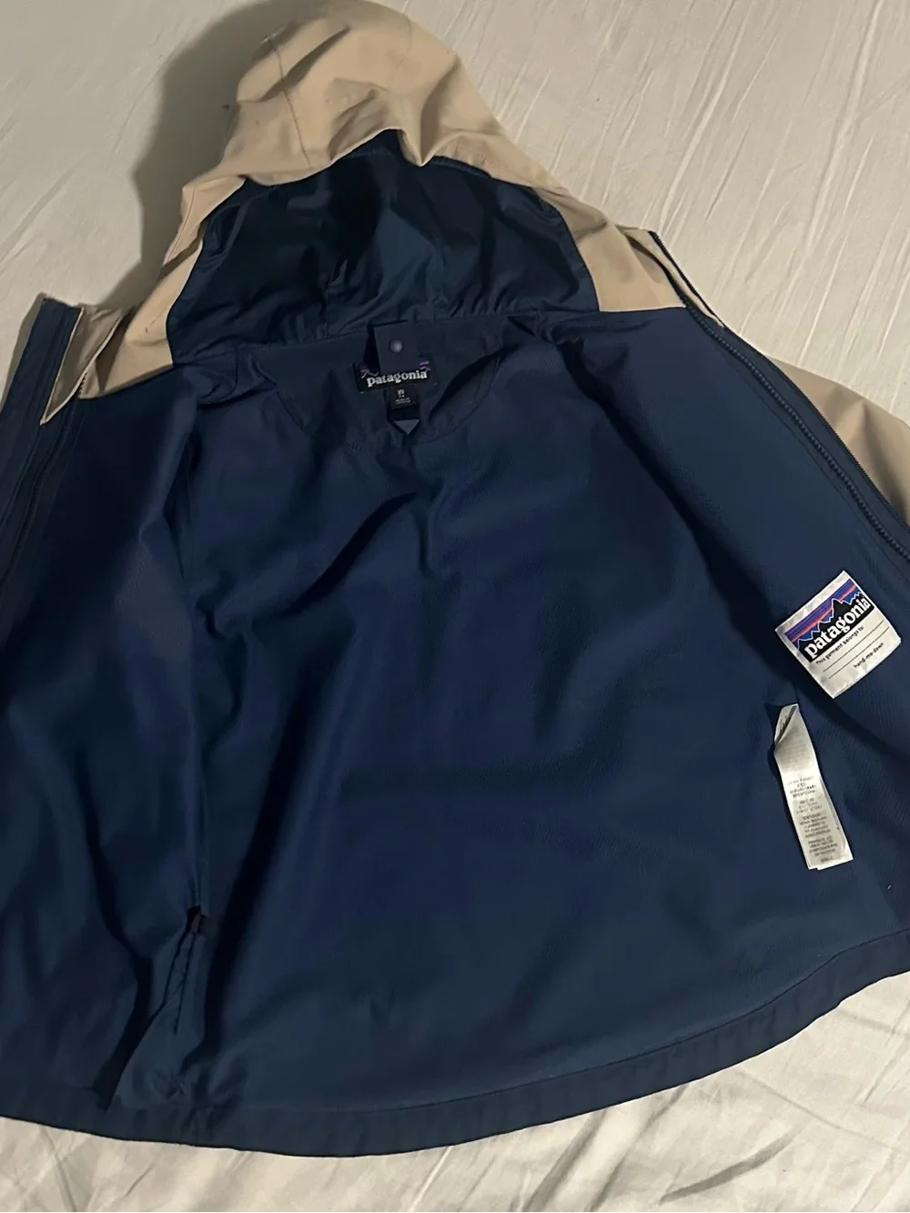 Patagonia Kids Two-Tone Hooded Rain Jacket - Tan & Navy